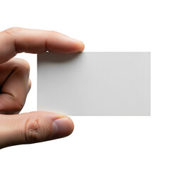 A hand holding a blank white business card isolated on transparent background