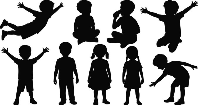 Kids silhouette collection, happy children jumping sitting playing poses, boy girl full body figures, childhood activity character outline illustration set
