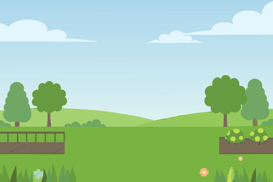 A simple cartoon landscape shows green rolling hills and fluffy white clouds