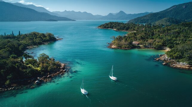 Aerial drone shot of the Paraty coastline in Brazil emerald bays with sailing boats rainforest-covered islands pristine beaches luxurious travel