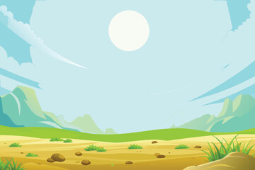 Obraz premium A vibrant cartoon landscape features green hills a sandy foreground and a