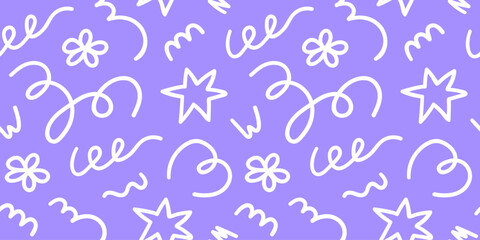 Seamless pattern of cute kids doodle elements. Hand drawn fun childish print. Purple and white colors. Vector line illustration
