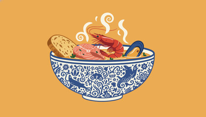 Decorative Folk Art Seafood Stew Illustration. Steaming Prawn, Salmon, and Mussel in a Traditional Blue and White Patterned Bowl on Orange. © ZIIZE STUDIO