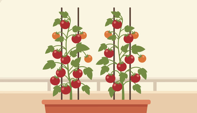 Growing Tomato Plants in Pot. Home Gardening Illustration of Ripe and Unripe Tomatoes Supported by Stakes on a Balcony or Patio.