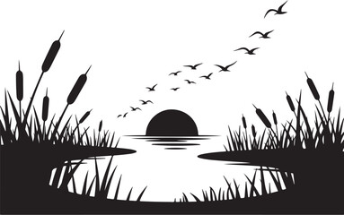 Black and white silhouette of sunset over water with birds flying and reeds