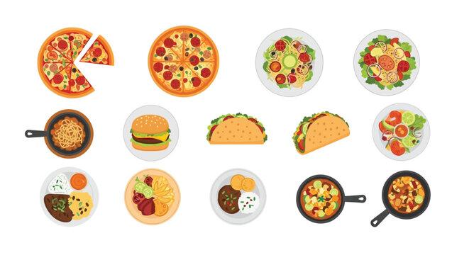 Assorted fast food and healthy meal icons displayed in a grid pattern