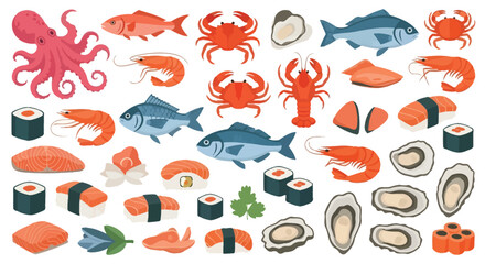 Colorful assortment of seafood sushi and shellfish illustrations on white © SERINA AKTHER