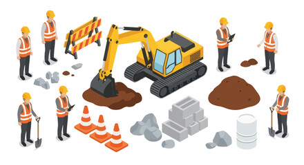 Construction site illustration featuring workers machinery and various building materials © SERINA AKTHER