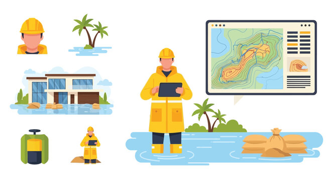 Disaster preparedness and coastal risk management illustrated with vector graphics