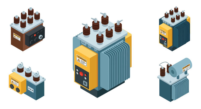 Isometric electrical transformers in various designs and color schemes