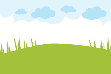 Obraz premium A simple cartoon landscape features a bright sun fluffy clouds and green