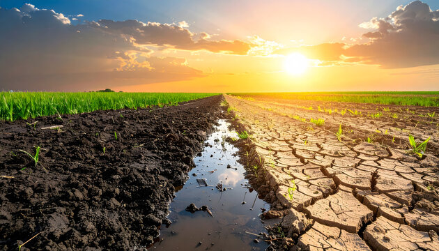 Dry cracked land transforming into fertile soil with water, symbolizing climate change and renewal