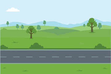 Fototapeta premium A serene landscape features rolling green hills trees and a gray road