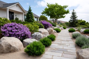 Obraz premium Home garden landscaping with stone path and flowering shrubs