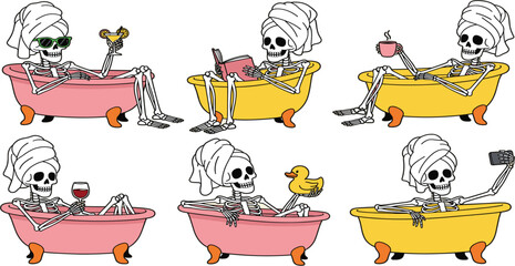 Funny Skeleton Bath Cartoon Set with Relaxing Skull Characters in Bathtub Drinking Coffee and Wine for Halloween Sticker and Humor Design © Selim Studio