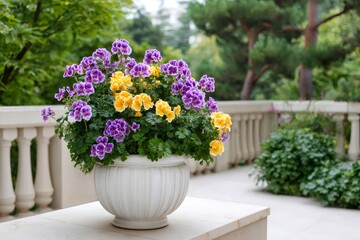 Blooming purple and yellow flowers in stone planter