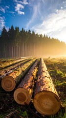 Logs lay in an open field, sunlight and mist behind tall trees. Warm glow