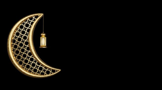 Golden crescent moon islamic pattern lantern ramadan eid mubarak 3d render transparent background suitable for religious events, islamic holidays, greeting cards, and cultural designs.
