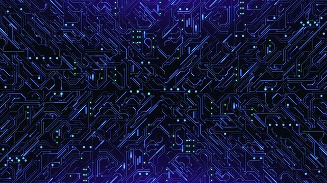 AI Circuit Board Animated Tech Background. Artificial Intelligence technology connected blue lines - Animation loop. Data flow in digital circuit pattern. Electronics and computer technology concept.