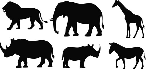 African Safari Animals Silhouette Set Featuring Lion Elephant Giraffe Rhino and Zebra Vector Illustrations Isolated on White Background for Wildlife Nature Design Projects © Anayna Here