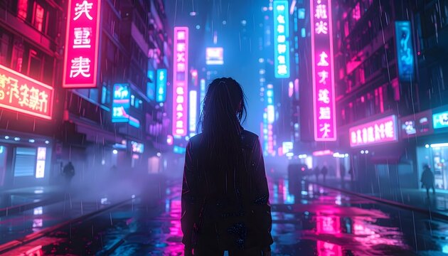 Silueta femenina en calle urbana nocturna con luces ne&oacute;n y ambiente cyberpunk futurista