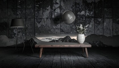 Moody room table, lamp, vase, rustic wall, mountain view background