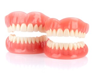 Obraz premium Full dentures, upper and lower, false teeth set, with pink gums and white teeth, on a white background