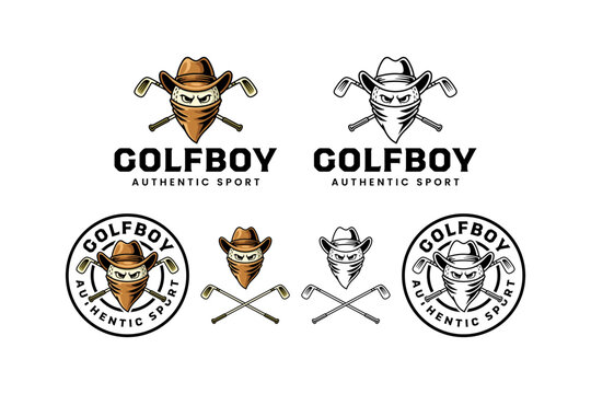 Golf cowboy illustration mascot logo design set for sport club and tournament. Bandit golfer with crossed clubs modern badge logo design. Outlaw golf ball character cartoon logo design