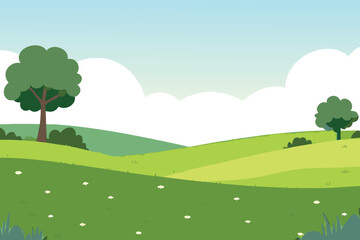 Fototapeta premium A simplified cartoon landscape features rolling green hills and fluffy white clouds