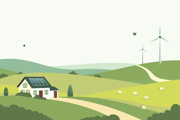 Naklejka premium A charming green landscape features a house rolling hills and wind turbines