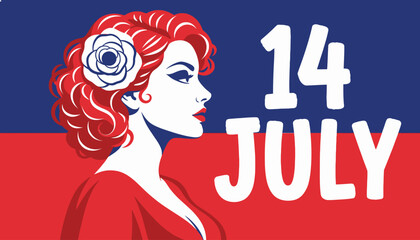 Bastille Day 14 July Graphic Poster: French National Holiday Celebration with Iconic Woman Portrait (Marianne). © anang