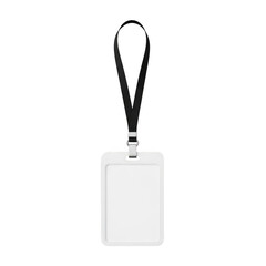 A white plastic badge holder with a black lanyard attached to it. isolated on transparent background