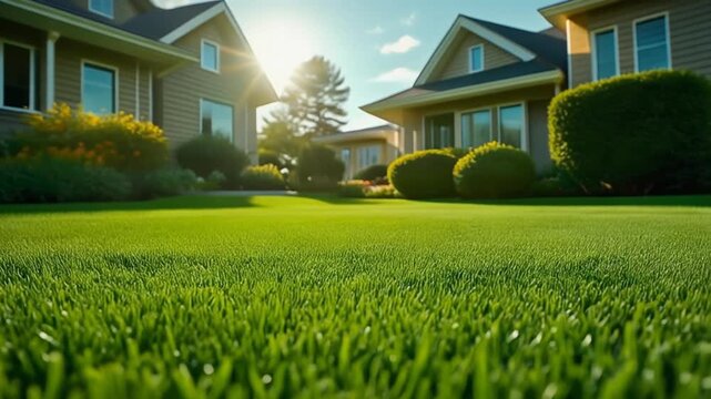 Perfect lawn view in a suburban area with houses and sunlight shining brightly