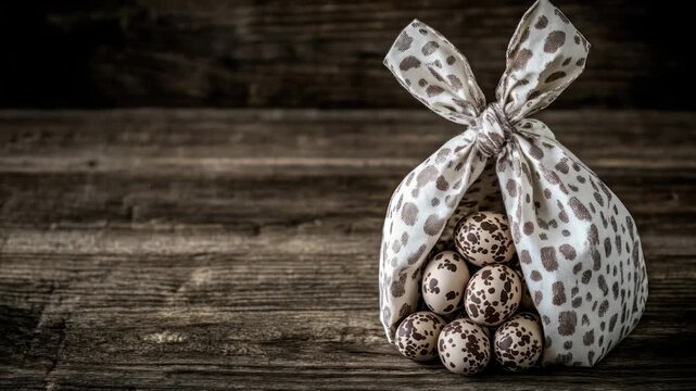 A fabric bag tied with a bow filled with speckled eggs, arranged on a rustic wooden surface