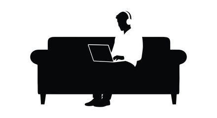 A black silhouette of a person using a laptop on a sofa ideal for design projects on transparent background high quality