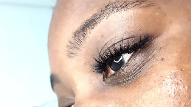 Close up of female eye with eyelash extensions ,eyelash extension procedure.2d volume, 3d volume, classical lashes,Russian volume,mega volume, new set.
