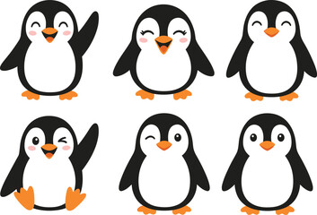 Obraz premium Set of cute cartoon penguin characters in various poses waving smiling and winking isolated on white background flat vector illustration