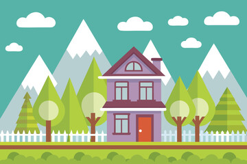 Fototapeta premium A charming purple house sits peacefully against a backdrop of snowy mountains