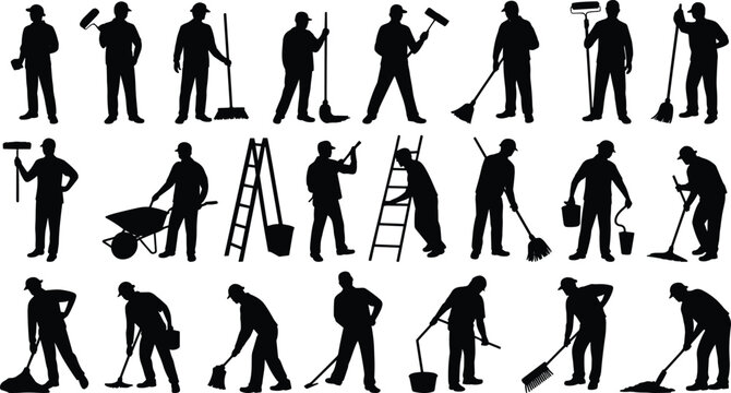 Cleaning worker silhouette collection, janitor maintenance staff with tools poses, construction labor activities, industrial service people, professional outline vector set