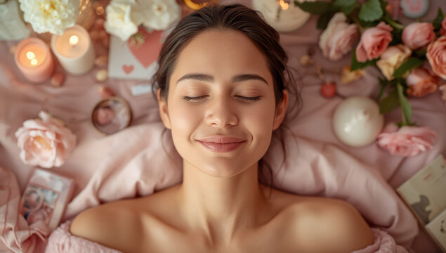 Serene woman lying among roses and candles smiling with closed eyes, romantic self care moment