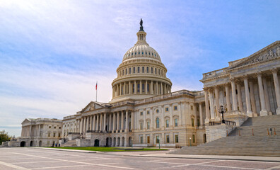 Obraz premium Washington DC iconic landmark. Washington city historic america. Washington government federal power. Washington blue sky sunny.