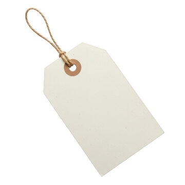 A blank white shipping tag with a brown string attached, ready for labeling. isolated on transparent background