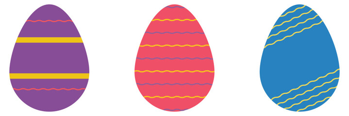 Hand Painted Easter Egg Collection. Set of bright hand painted Easter eggs with floral, striped, wavy, and polka dot patterns isolated on white background for spring designs.

