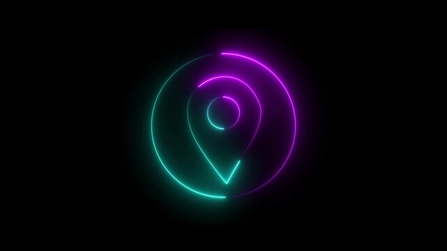 Abstract neon location icon fast tracking map pin icon animation. searching place address travel direction road signs map circle animated. Navigation, pointer, location, map, GPS, direction.
