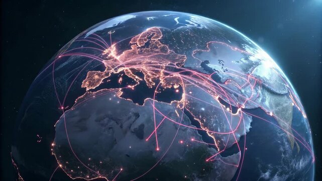 Global Network Connections Earth Spinning with Lights and Lines at Night Stock Footage