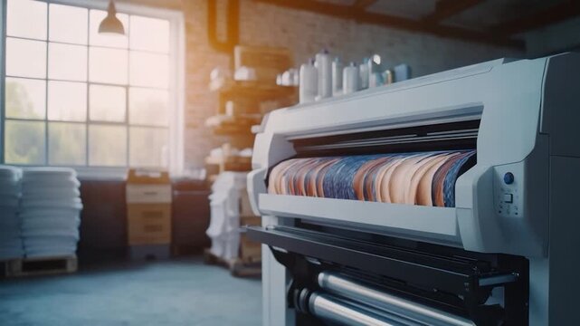 A large format printer in a sunlit workshop, printing a colorful design on fabric