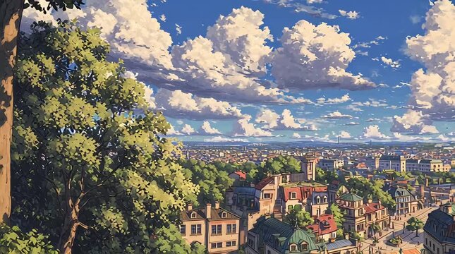 Animated Anime Eiffel Tower Cityscape With Blue Sky Clouds and Urban Buildings