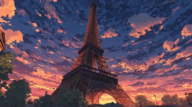 Animated Anime Eiffel Tower Cityscape With Sunset Night Sky Clouds and Urban Buildings