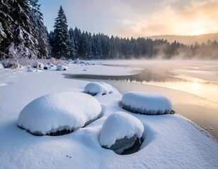 Snowy rocks line a frozen lake with misty trees under a colorful sky in winter