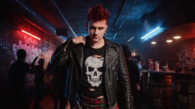 Punk rock man with mohawk and kilt in a club.